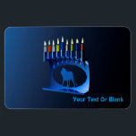 Imán Shiny Blue Chanukkah Menorah<br><div class="desc">Una menorah modernista,  metálica y azul Chanukkah,  con un león en silueta,  sobre un fondo oscuro y nocturno. Las nueve velas están encendidas. Añade tu propio texto.</div>