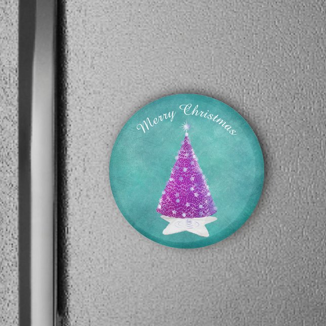Imán Shiny Pink Christmas Tree Silver Stars Teal (Shiny pink tree star rug silver ornament on Merry Christmas teal round magnet.)