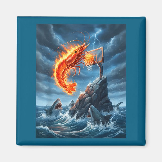 Imán Shrimp Dunking On Shark Funny Fishing Meme Basketb (Frente)