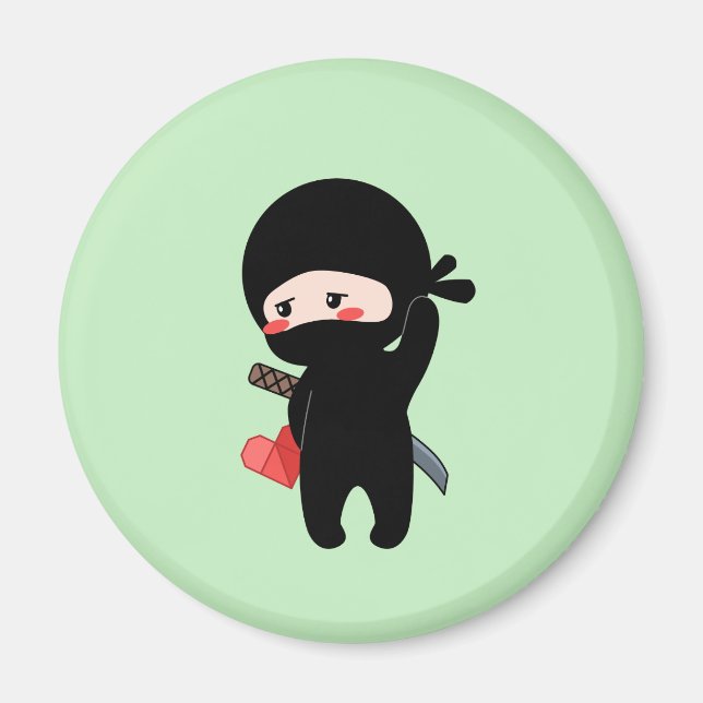 Imán Shy Blushing Ninja Holding Origami Paper Heart (Frente)