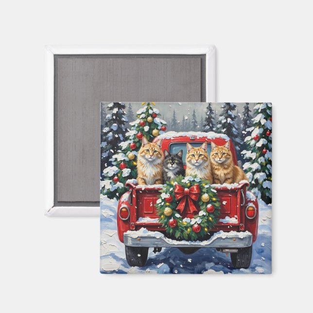 Imán Siberian Cat Christmas Red Truck Holiday (Anverso/Reverso)