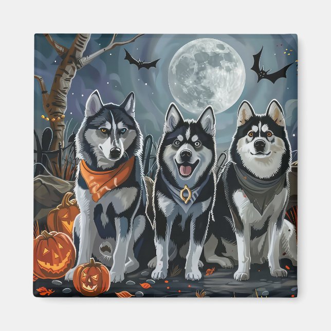 Imán Siberian Husky Halloween Espeluznante  (Frente)
