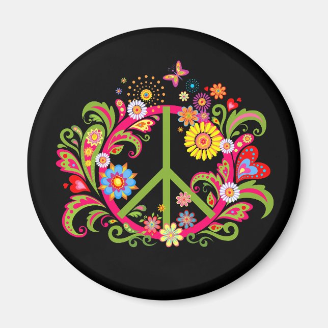 Imán Signo de paz floral en negro (Frente)