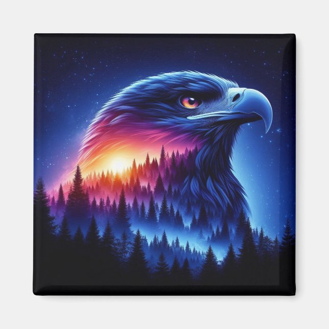 Imán Silhouette de águila con puesta de sol en el bosqu (Frente)
