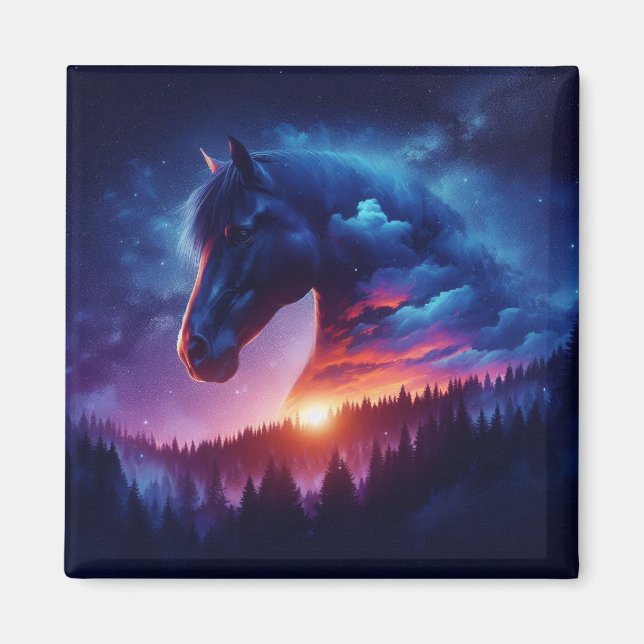Imán Silhouette de caballos en un paisaje forestal atar (Frente)