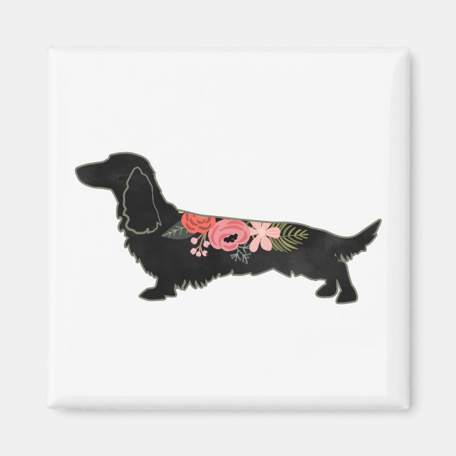 Imán Silhouette floral de cabello largo Dachshund Bohem (Frente)