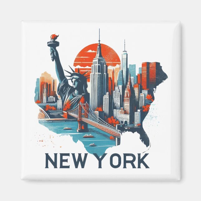Imán Silhouette Retro New York Skyline (Frente)