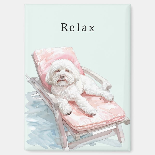 Imán Silla de descanso rosa perro blanco (Anverso)