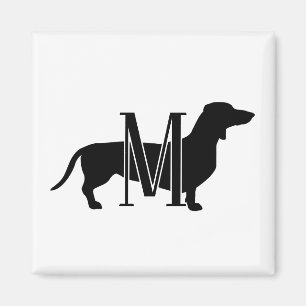 Imán Silueta de Doxie inicial monograma negro y blanco