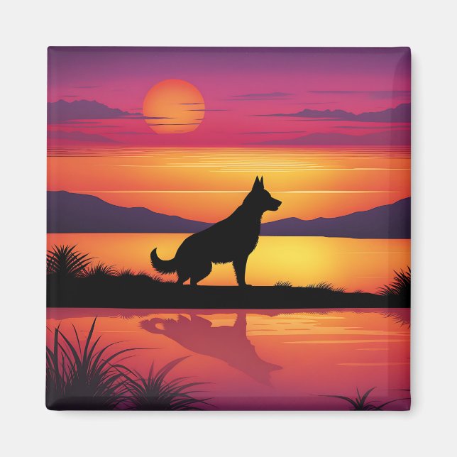 Imán Silueta de perro al atardecer (Frente)