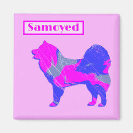 Imán Silueta de perro de Samoyage de color rosa y azul