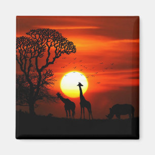 Imán Siluetas africanas del animal de la puesta del sol