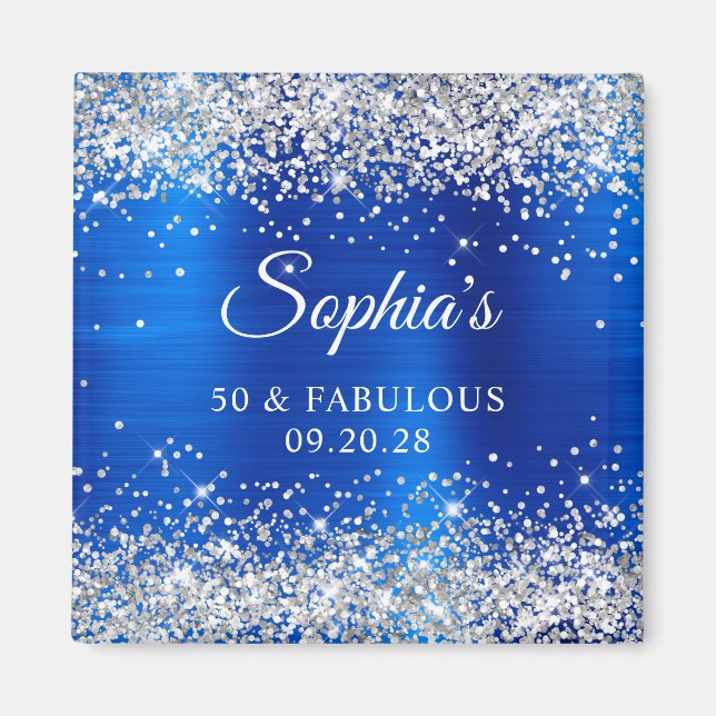 Imán Silver Glitter Royal Blue Foil 50 & Fabulous (Frente)