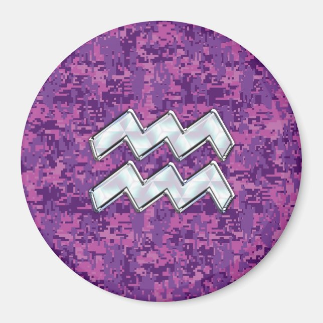 Imán Símbolo Aquarius Zodiac del camo digital de fuchsi (Frente)