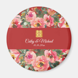 Imán Símbolo de doble felicidad de fondo de flor rosa