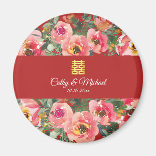 Imán Símbolo de doble felicidad de fondo de flor rosa