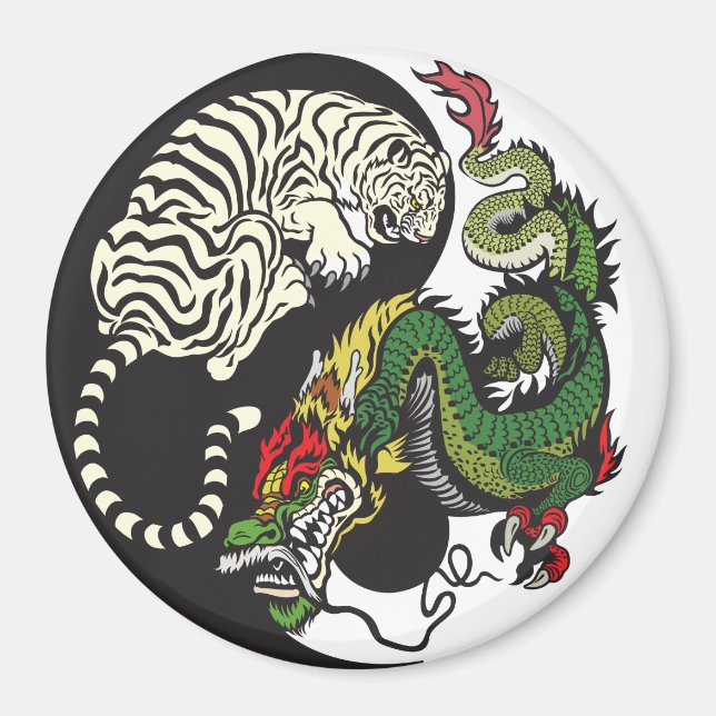 Imán símbolo yin yang de dragón verde y tigre blanco (Frente)