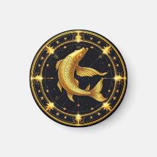 Imán Símbolo zodiacal de Piscis dorado rodeado de estre