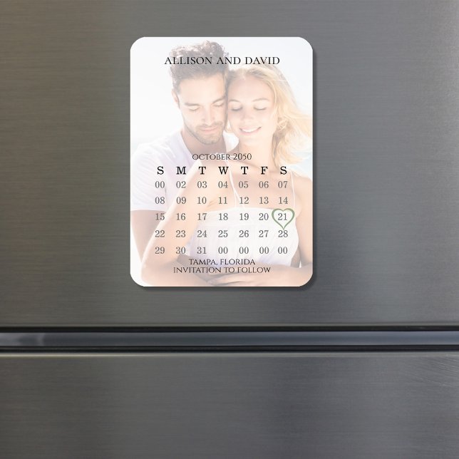 Imán Simple 5 Fila Boda Calendario Foto Guardar La Fech (Wedding save-the-date photo magnet with calendar template. )