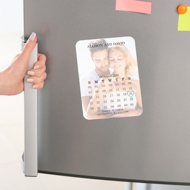 Imán Simple 5 Fila Calendario Foto Guardar El Boda De F (Wedding save-the-date photo magnet with calendar template. )