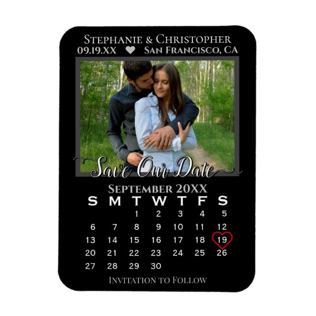 Imán Simple Black Photo Calendar Save Our Date Boda (Vertical)