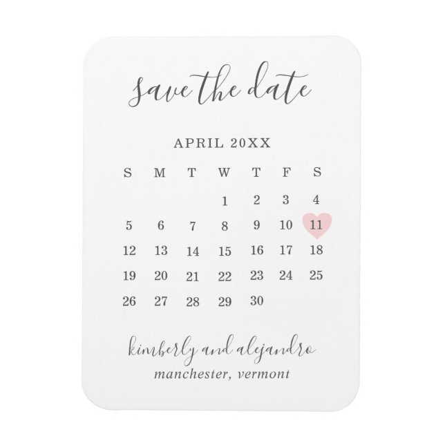 Imán Simple calendario corazón rosa pastel Save the Dat (Vertical)