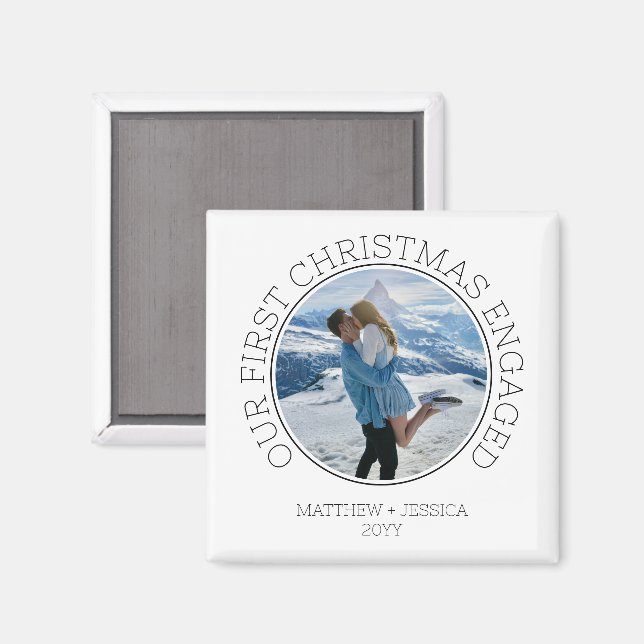 Imán SImple Couple Photo Our First Christmas Engaged (Anverso/Reverso)