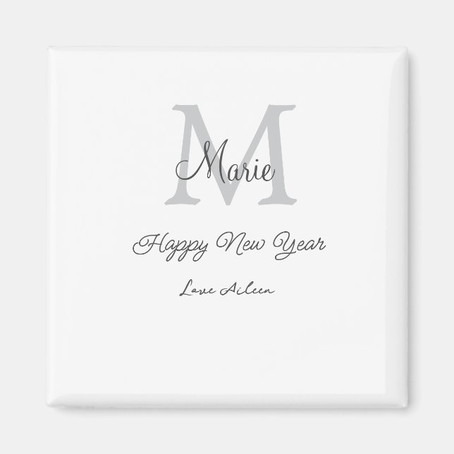 Imán simple minimal happy new year monogram gray name  (Frente)