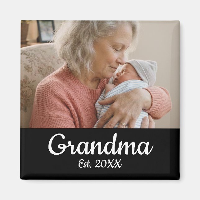 Imán Simple Script Grandma Photo Year Est. Magnet (Frente)