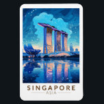 Imán Singapur Marina Bay Night Travel Art Vintage<br><div class="desc">Diseño de viajes vectoriales retro de Singapur. Marina Bay es un área de lujo de rascacielos,  hoteles elegantes y centros comerciales de lujo. Es conocida por la imponente rueda de la ferry de volante de Singapur y los floridos conservatorios y coloridos superárboles de los jardines de la bahía.</div>