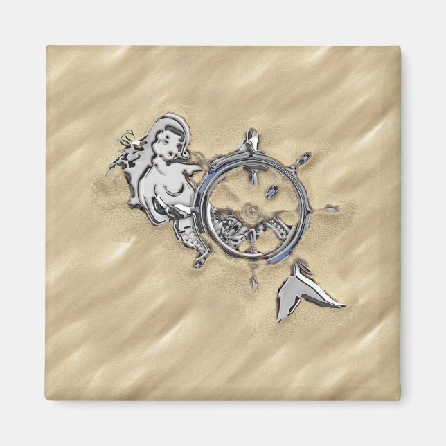 Imán Sirena de plata en la arena (Frente)