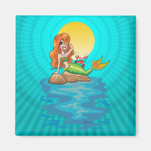 Imán Sirena en las rocas con amigo bajo la luna amarill