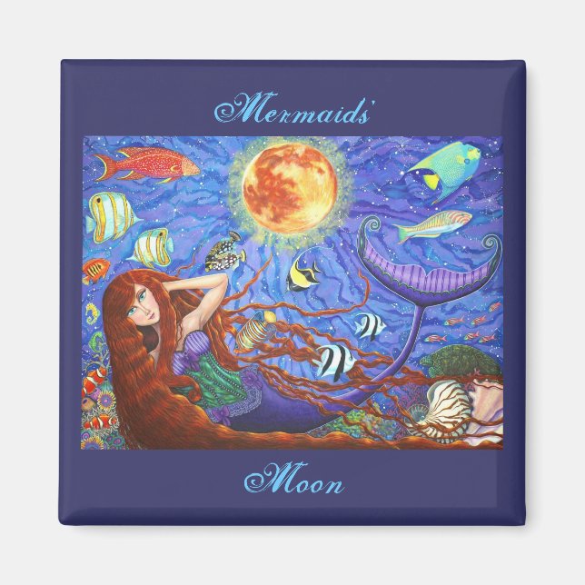 Imán Sirenita pelirroja en corset con luna y peces (Frente)