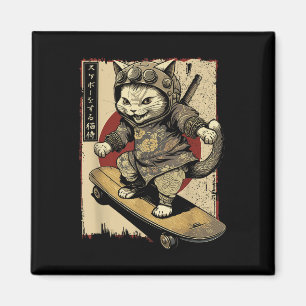 Imán Skateboard japonés samurai Cat Tattoo Kawaii Ninj