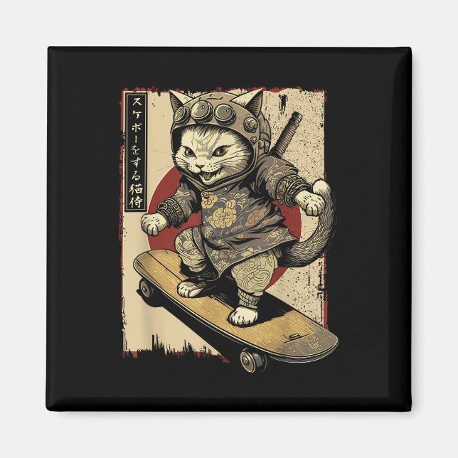 Imán Skateboard japonés samurai Cat Tattoo Kawaii Ninj (Frente)