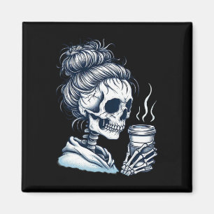 Imán Skeleton Beber café Messy Bun Women Halloween