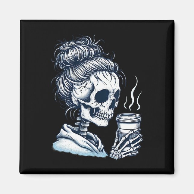 Imán Skeleton Beber café Messy Bun Women Halloween (Frente)