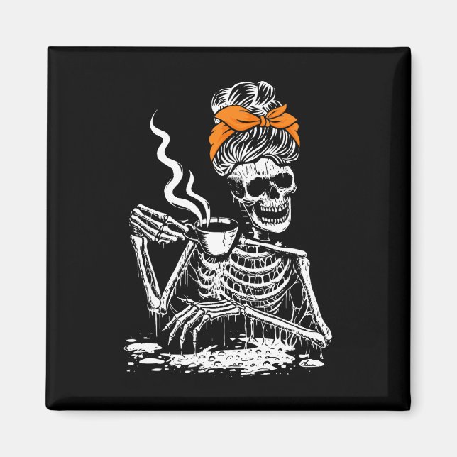 Imán Skeleton Messy Bun Café bebiendo Halloween Costu (Frente)