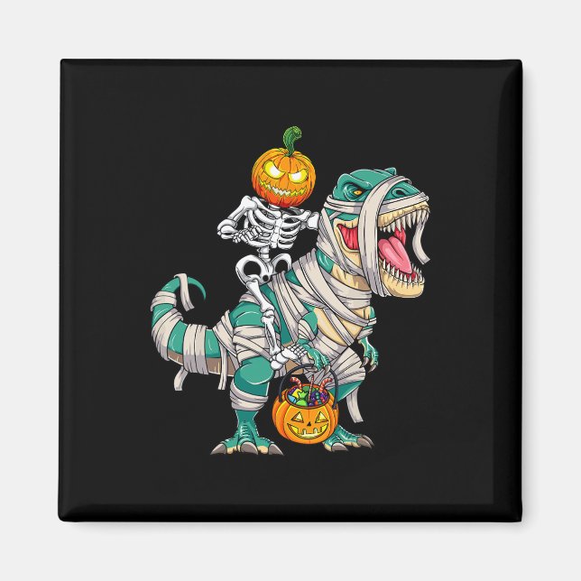 Imán Skeleton Riding Mummy Dinosaur T rex Halloween Div (Frente)
