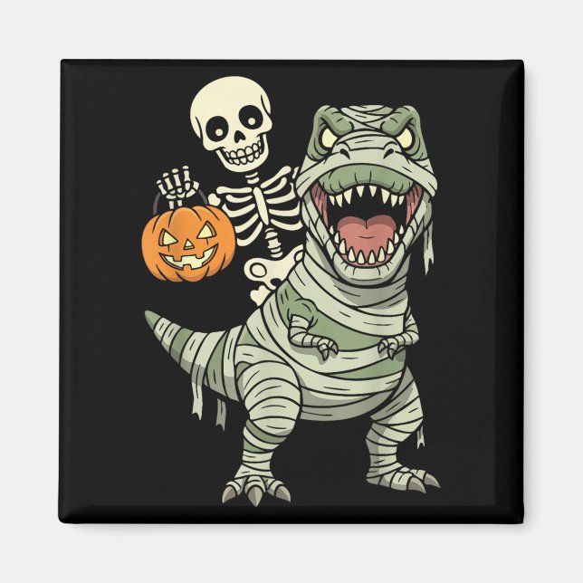 Imán Skeleton Riding Mummy Dinosaur T Rex Halloween Fun (Frente)