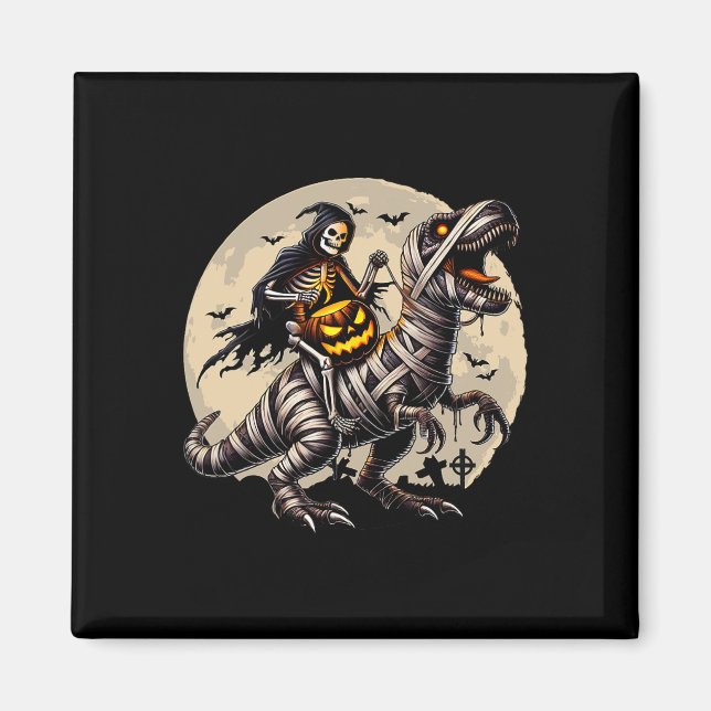 Imán Skeleton Riding Mummy Dinosaur T Rex Pumpkin Funny (Frente)