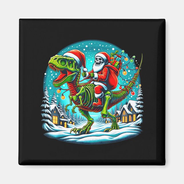 Imán Skeleton Santa Riding T Rex Dinosaur Funny Christm (Frente)