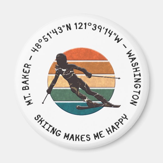 Imán Ski Mt. Baker, Washington - Esquiadora Mujer Texto (Frente)