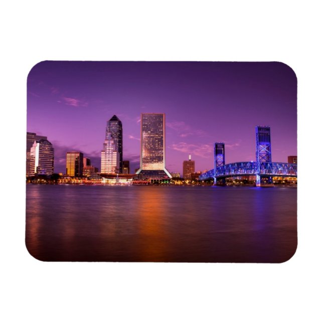 Imán Skyline de Jacksonville Florida de noche (Horizontal)