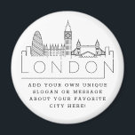Imán Skyline de Londres | Mensaje o lema de la ciudad P<br><div class="desc">Un imán único que representa la hermosa ciudad de Londres. Este llavero presenta un estilizado ilustracion del paisaje único de la ciudad con su nombre bajo. Debajo del nombre de la ciudad hay un lugar para tu lema único o declaración sobre tu ciudad favorita.</div>