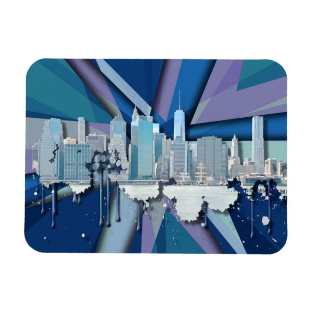 Imán Skyline de Nueva York | Azul 3D (Horizontal)