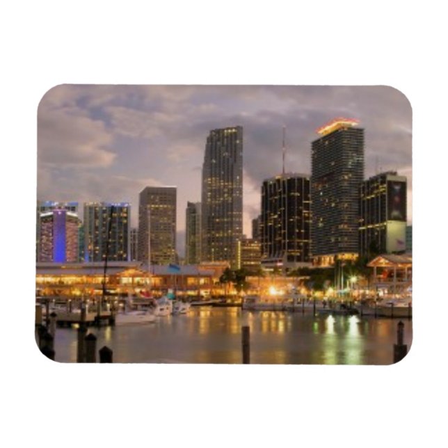 Imán Skyline financiero de Miami al atardecer (Horizontal)