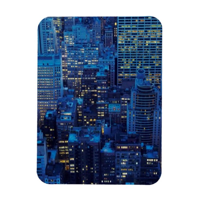 Imán Skyline NYC, vista de gran angular al atardecer (Vertical)