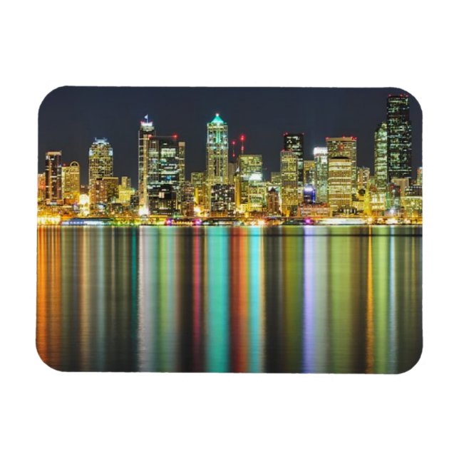 Imán Skyline Seattle de noche con reflexión (Horizontal)