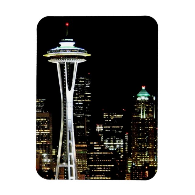 Imán Skyline Seattle por la noche, con la aguja espacia (Vertical)